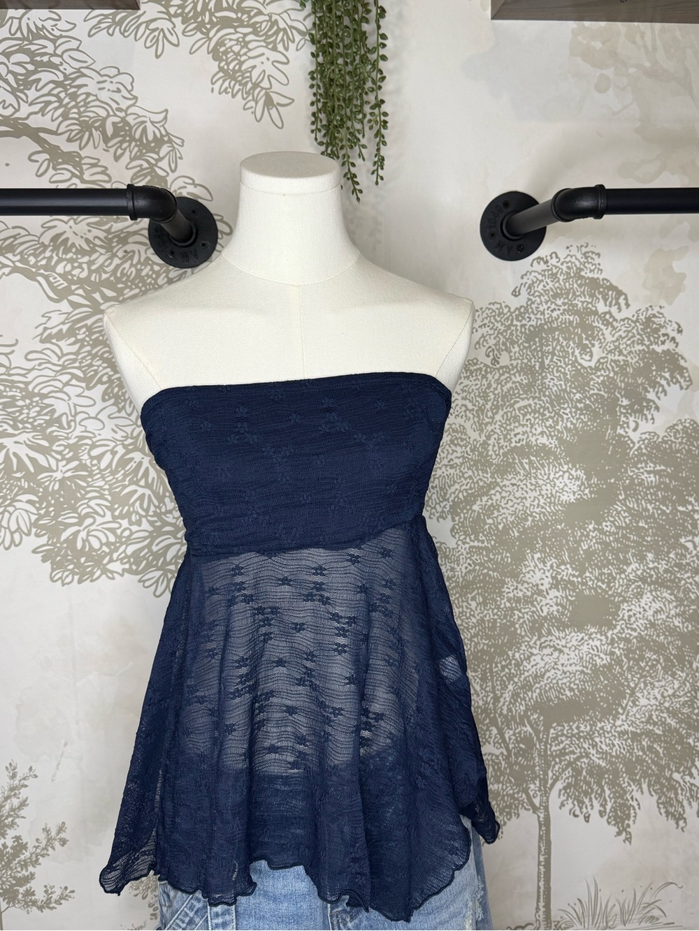 Strapless Navy Lace Peplum Top - Women Dresses